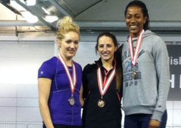 National Indoor Pentathlon Championships medal winners from left: Jo Rowland, Karla Drew and Moe Sasegbon