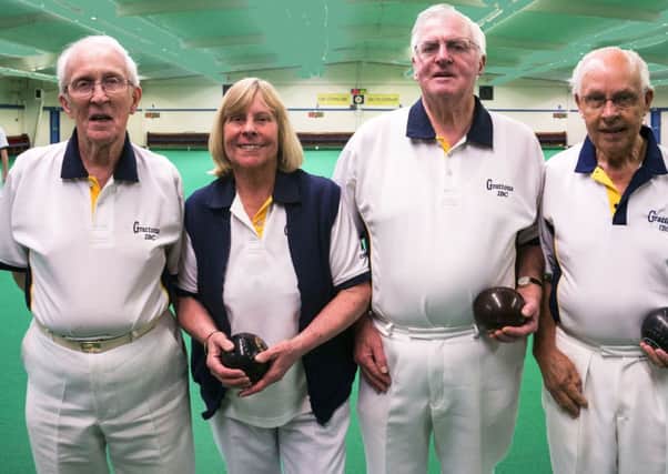 Grattons Bowls Club top rink: Keith Knight, Maureen Cranfield, Terry Foote, Dudley Pile