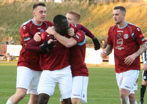 Hastings United celebrate scoring in their last match against Peacehaven & Telscombe. Picture by Terry S. Blackman