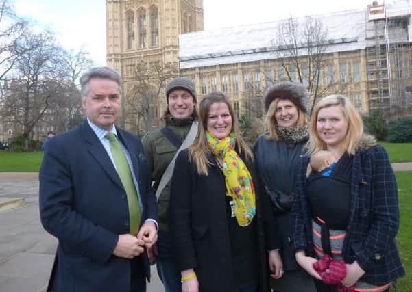 Tim Loughton, Frazer Leckey, Hayley Petts and famil outside the Houses of Parliament