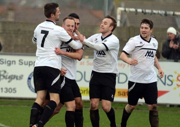 East Preston celebrate their first goal against Brantham at Culver Road