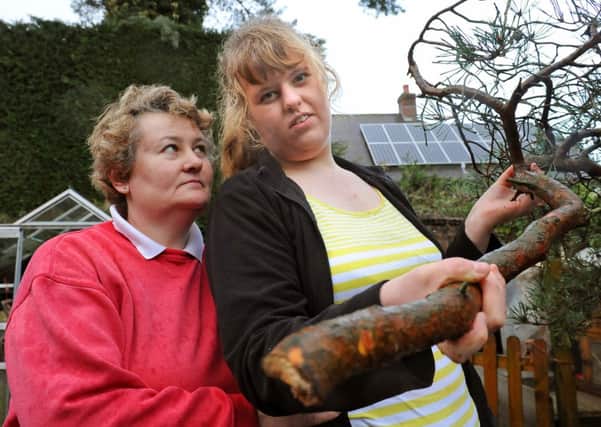 JPCT 280114 Saralouise Puttick, 17 had a lucky escape when a branch fell on her during a mini tornado. Pictured holding the branch with her mum Joy Hambleton. Photo by Derek Martin