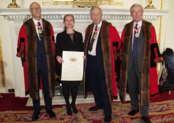 Melanie Moore at the Freedom ceremony with three of the Wardens of the
Goldsmiths