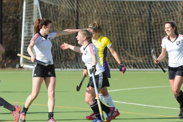 Emma Whipps can hardly hide her delight after scoring a wonderful goal from a short corner.Photos by Derek Martin