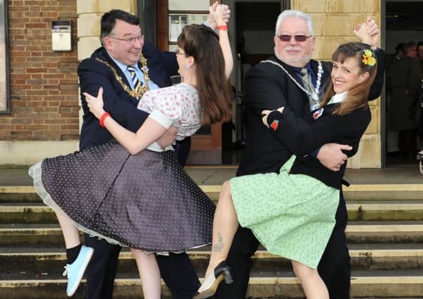 Worthing mayor Bob Smytherman with Lizzi Abrahams from Sussex Swing, left, and Adur chairman Mike Mendoza with organiser Carleen Smith W09210H14
