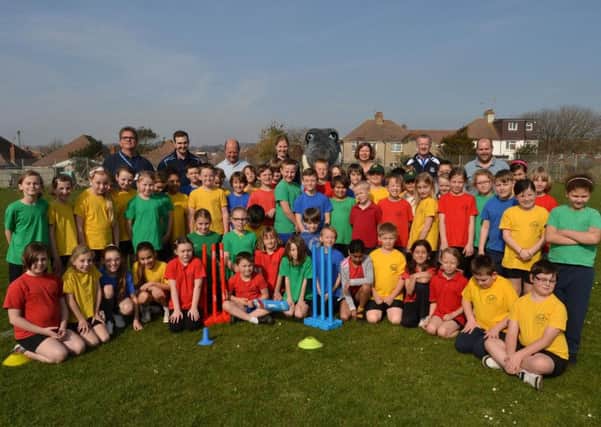 Alexia Walker, Sid the Shark and Sussex coaches with children from Eastbrook Primary Academy last Wednesday