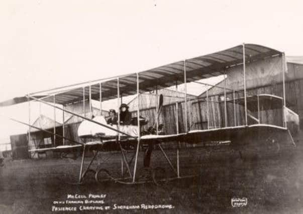 Cecil Pashley on his Farman bi-plane, passenger carrying at Shoreham Aerodrome