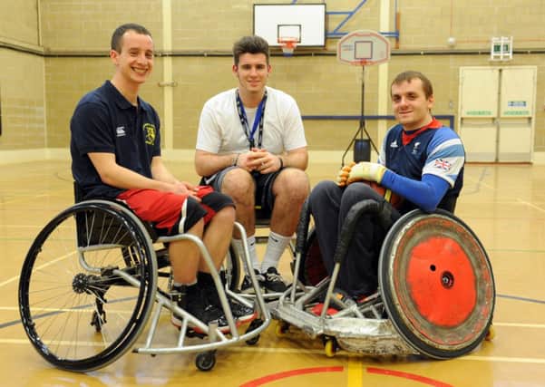 British wheelchair rugby Paralympian Andy Barrow (right) with Louis Power and Dom Evans of HDC Leisure Link -photo by Steve Cobb SUS-140314-090318001