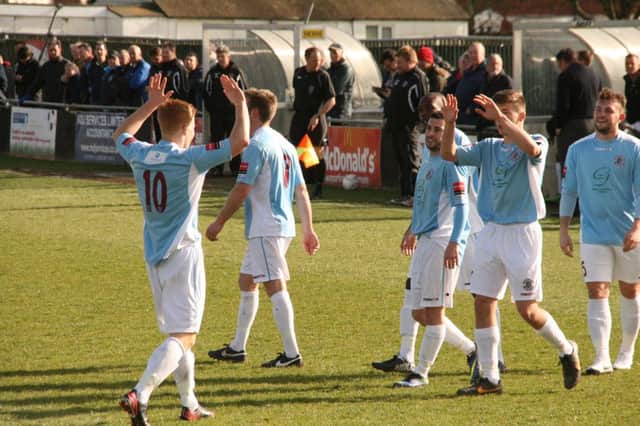 Hastings United celebrate scoring in their 3-2 defeat away to Eastbourne Town last weekend. Picture by Terry S. Blackman