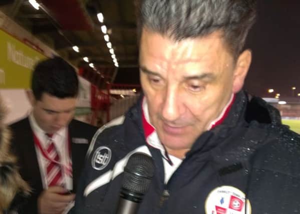 Crawley Town manager John Gregory speaks to the press following his side's 2-1 defeat by Bristol Rovers in the FA Cup 2nd Round ENGSUS00220140901001018
