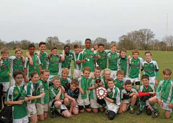 The winning Horsham U12 rugby squad, with Henry Adams Cup winner Elliott Powell in the middle (Pic by Clare Turnbull). Below is the victorious U8 side