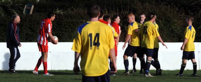 Tempers fray during Little Common's last match away to Steyning Town the weekend before last. Picture by Stephen Goodger