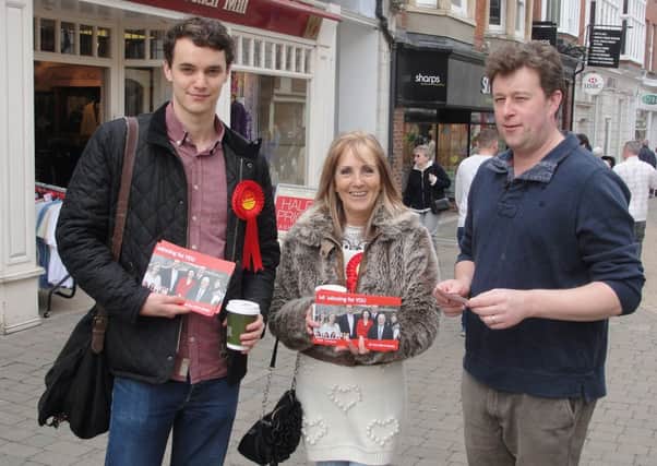 Labour MEP candidate Maggie Hughes with Labour Party members and supporters campaigning in West Street, Horsham SUS-140414-101848001