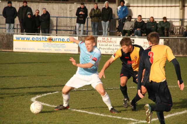 Trevor McCreadie on the ball for Hastings United against Eastbourne Town last month. Picture by Terry S. Blackman
