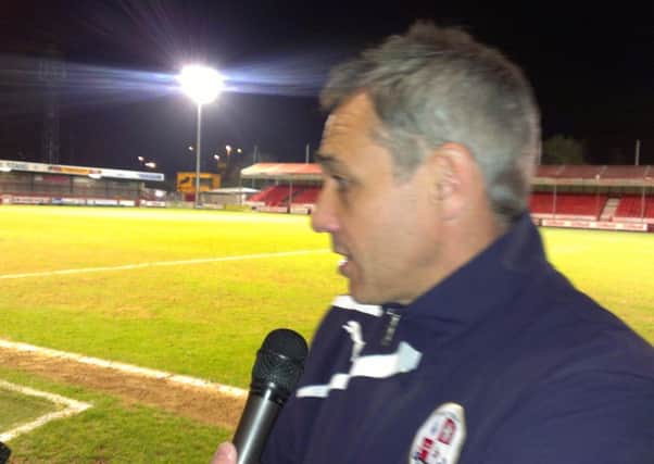 Crawley Town coach Guy Whittingham speaks to the press after his side's 2-0 win against Tranmere Rovers SUS-140415-234844002