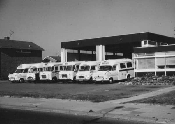 Line-up of six ambulances on the forecourt of Worthing ambulance station, c1972. (Courtesy West Sussex Ambulance Service Archives)