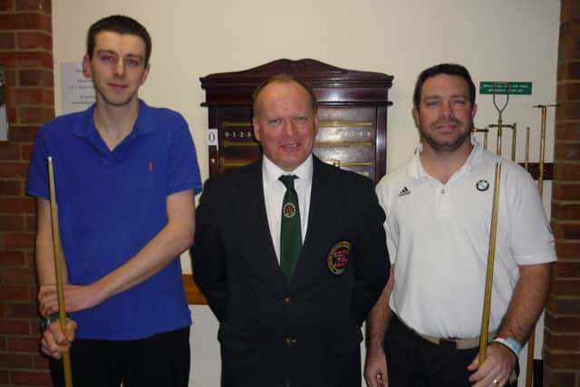 Mark Bright(left) and Neil Baker with referee Dave Dawson..Open Finalists