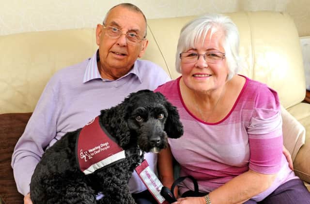 WH 230414 Cathleen and Richard Edwards, both profoundly deaf, were refused by taxi driver due to hearing dog Cleo. Photo by Derek Martin SUS-140423-124648001