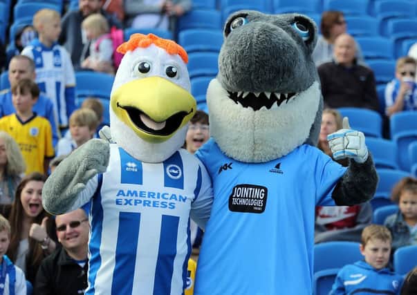 Gully and Sid the Shark entertain the crowds at The American Express Community Stadium (Photo: Paul Hazlewood)