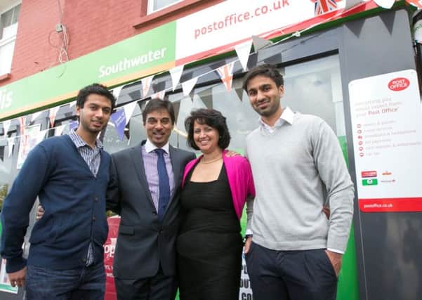 Official opening of the new relocated Southwater Post Office in the Londis shop in Worthing Road (l-r) -  Amish Shingadia, Subpostmaster Ramesh Shingadia, Nim Shingadia and Alpesh Shingadia - photo by Stuart Howat
