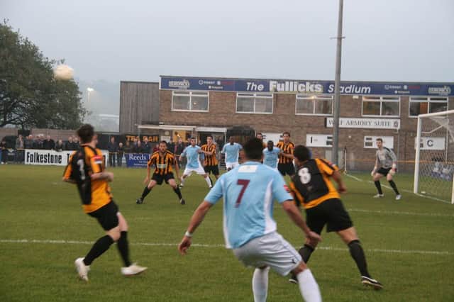 Action from Hastings United's Ryman Football League Division One South play-off semi-final away to Folkestone Invicta. Picture by Terry S. Blackman