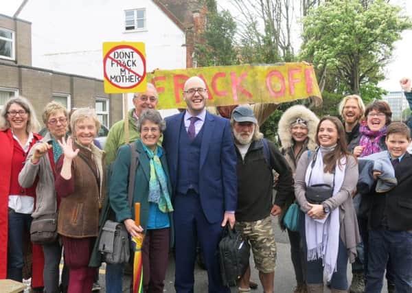 Protester Simon Welsh, acquitted at Eastbourne Magistrates Court, supported by friends and family, including his mother - picture by John Houston