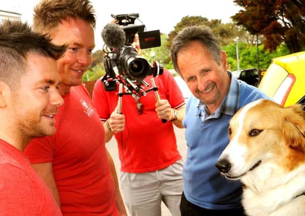 Pip with new owner John Hatch and Matt and Leon Henderson-Rood from House of Hugo  filmed by Charlie Kinross