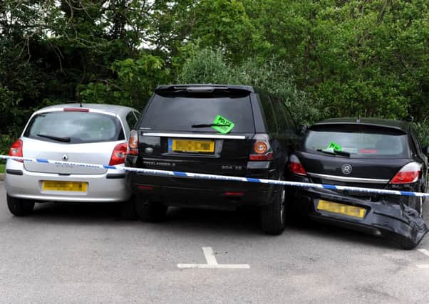 Three of the cars damaged in the incident at The Kleinwort Centre in Haywards Heath. Pic Steve Robards SUS-140705-145711001