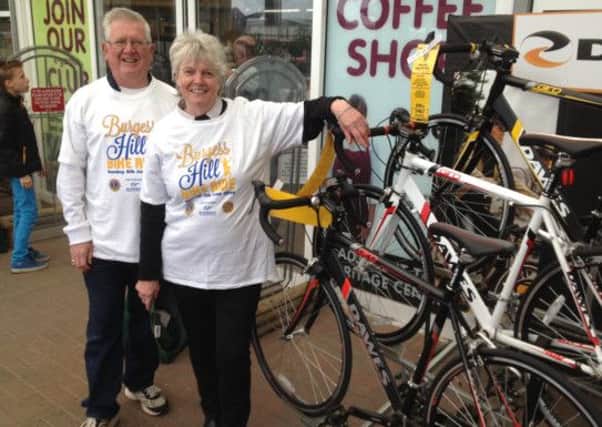 Malcolm Stephens (Burgess District Hill Lions Club) and Angela Veitch (Rotary Club of Burgess Hill & District) launch the 22nd Burgess Hill Bike Ride at South Downs Nurseries