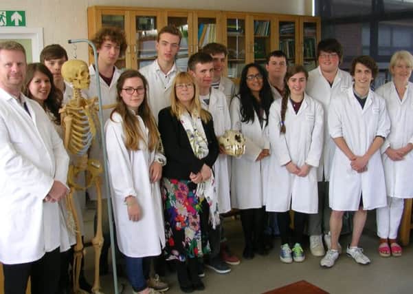 Picture shows (left to right): Dr Mike Price, Robyn Hockley, Martin Furlepa, A Skeleton, Zac Wilson, Holly Ridpath, Rufus Manson-Hayden, Dr Jackie Johnston, Aidan Marks, Adam Tod, Aashka Bahal, Harry Davies, Catherine Hodgson, Oliver Giles, Jack Dawson, Jean Raleigh.
