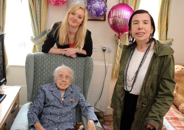 LG 220514 Triple birthday at Regency Court nursing home. 103 year old Evelyn Alexander sharing her birthday with resident Jessica Marsden 44 (right) and staff member Leanne Hickey 20. Photo by Derek Martin SUS-140522-152213001