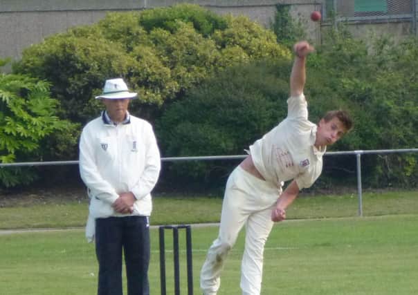 Bexhill hat-trick hero Callum Guest bowling against Hastings Priory yesterday. Picture by Simon Newstead (SUS-140206-094356002)