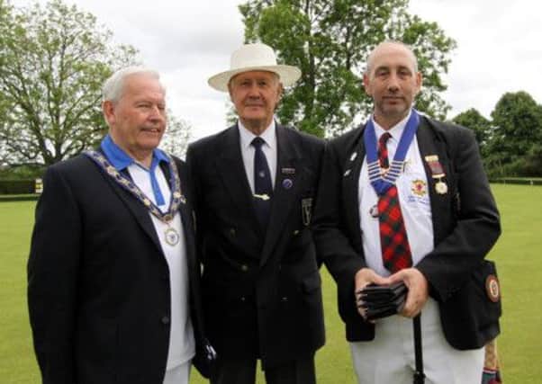 President of Sussex County Bowls Colin Morphew, Buxted Park Chairman John Hickey and President of London Scottish Bowls John Cameron. Picture by Ron Hill