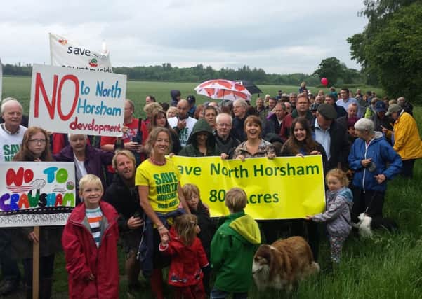 Hundreds of protesters gather in North Horsham to protest against thousands of new homes (JJP/Johnston Press). SUS-140806-130123001