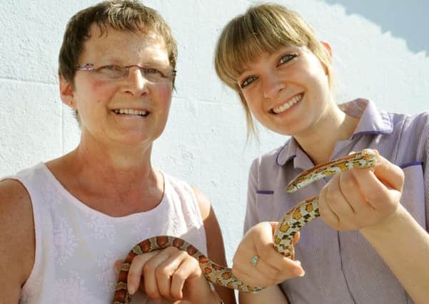 WH 130614 Louisa Lees-Buckley with senior receptionist Becs Stephens and corn snake