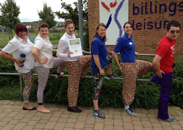 Staff at Billingshurst Leisure Centre take part in National Wrong Trousers Day to raise money for The Wallace and Gromit Foundation, - picture submitted