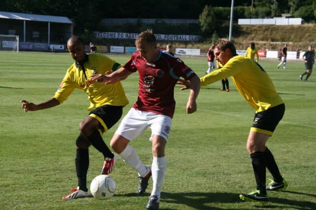 Action from Hastings United's tie at home to Ramsgate in the FA Cup preliminary round last August. Picture by Terry S. Blackman