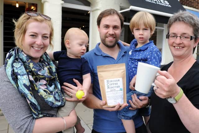 JPCT 080714 S14280982x Horsham. Crates Local opens coffee shop. Amelia, Alexander, Bradley and James of Horsham Coffee Roaster with Marion Carter -photo by steve cobb SUS-140907-092200001