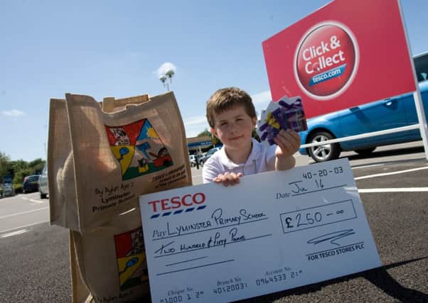 Dylan Young, seven, shows off his efforts as part of the Tesco art competition