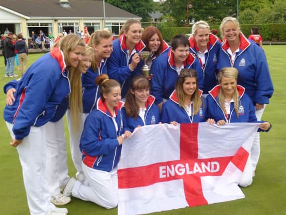 The England team which was victorious in the British Isles Women's Bowls Council Junior International Series with Emma Cooper front row second left