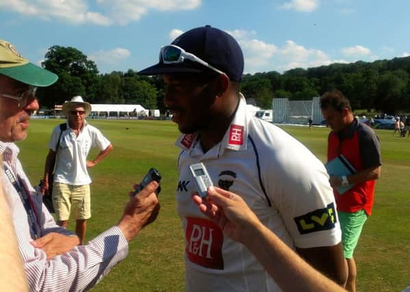 Sussex fast bowler Chris Jordan speaks to the press after the victory against Warwickshire. SUS-140725-134035002
