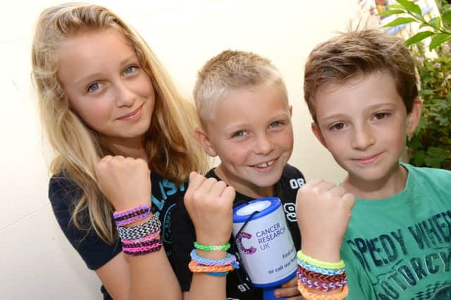 WH 120814  L to R  Daisy Harding-Evans 12, Ben Harding-Evans 9, and Aidan William Gray 9 selling loom bands for cancer research. Photo by Derek Martin SUS-141208-124055001