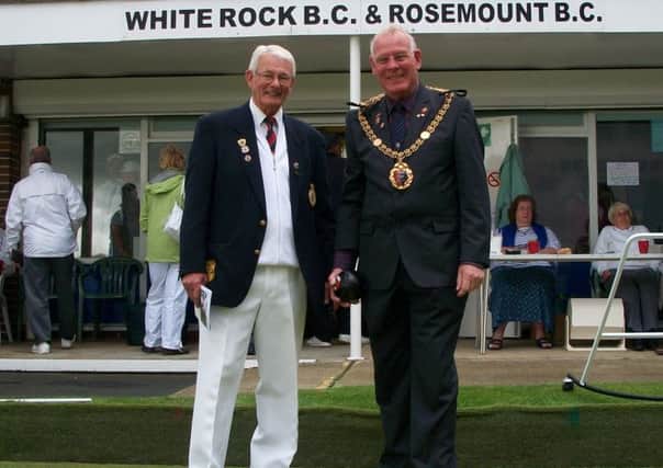 Hastings mayor Cllr Bruce Dowling opens the 2014 Hastings Open Bowls Tournament alongside Gordon Leggatt