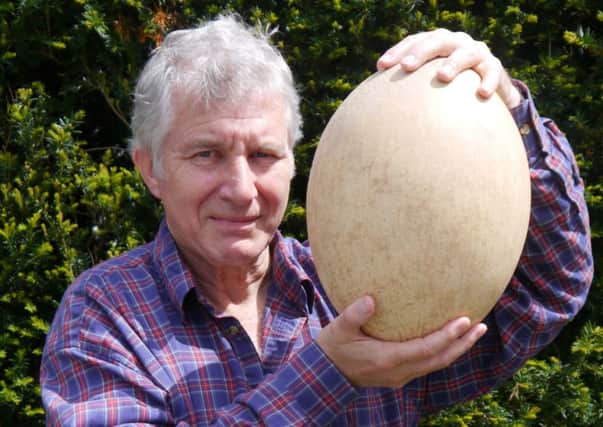 Errol Fuller, curator of the Evolution sale at Summers Place Auctions, with a large elephant bird egg