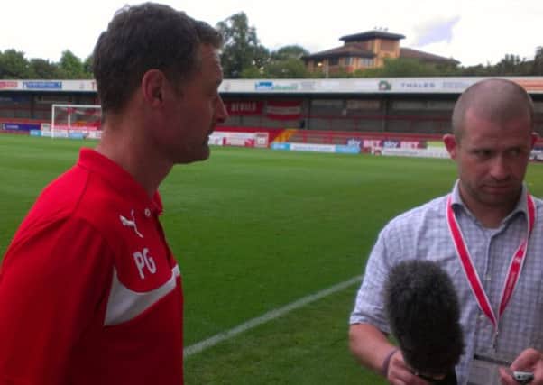 Crawley Town assistant manager Paul Groves speaks to the press after they beat Swindon Town 1-0 SUS-140816-190453002