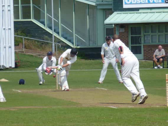 Elliot Hooper tries to work one off his legs for Hastings Priory against Cuckfield on Saturday. Picture by Simon Newstead (SUS-140816-231525002)