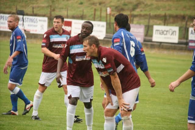 Hastings United trio Sean Ray, Ade Olorunda and Dave Cook get ready to attack a corner during the 2-1 win at home to Hythe Town. Picture courtesy Terry S. Blackman
