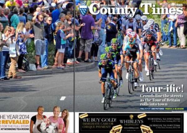 County Times front page September 18 'Tour-ific!' Crowds line street of Horsham for Tour of Britain (Johnston Press) SUS-140918-093615001