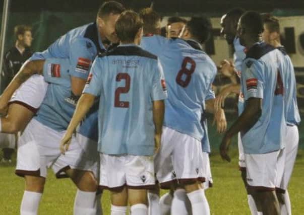 Hastings United celebrate scoring during their 3-1 victory away to Sittingbourne on Tuesday night. Picture courtesy Joe Knight