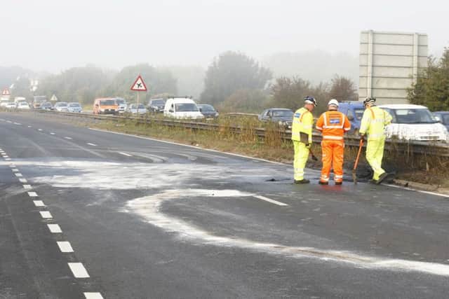 A collision on the A27 westbound has damaged the road surface  Picture: Eddie Mitchell